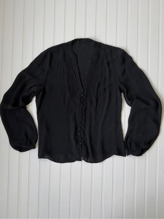 Talbots Tops - Black Pure Silk Blouse Pleated Front Button Up Bishop Sleeves Size Medium